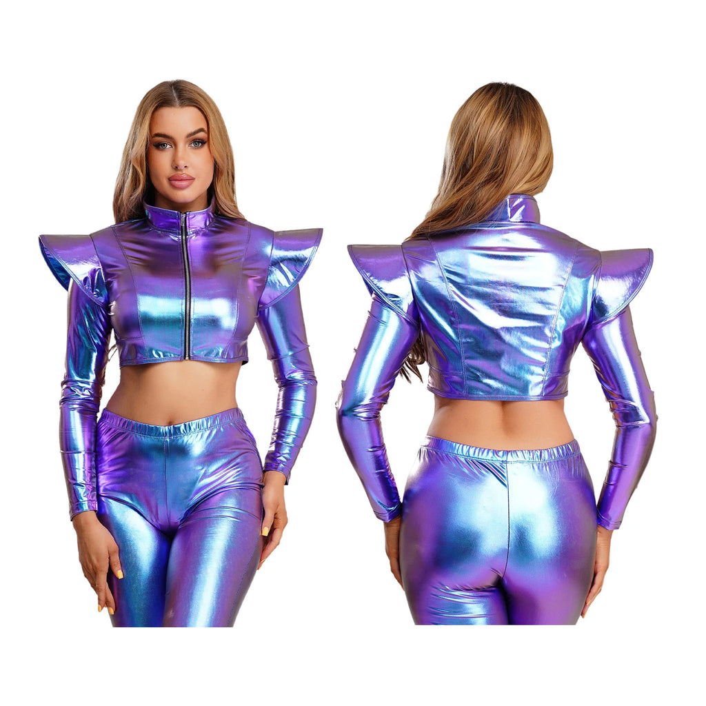 Metallic Ruffle Shoulder Crop Jacket | Zip Front | Rave & Stage Performance