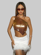 Metallic Sequin Off-Shoulder Crop Top - Backless Diagonal Collar Tank