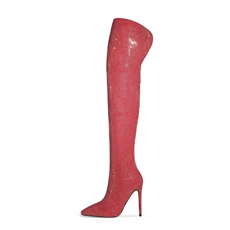 Rhinestone Over-the-Knee Stiletto Boots | Pointed Toe 12cm | 5 Colors