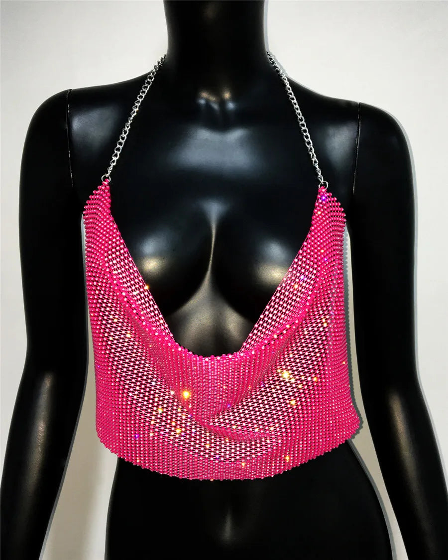 Rhinestone Fishnet Halter Crop Top - Sheer Deep V Backless Tank
