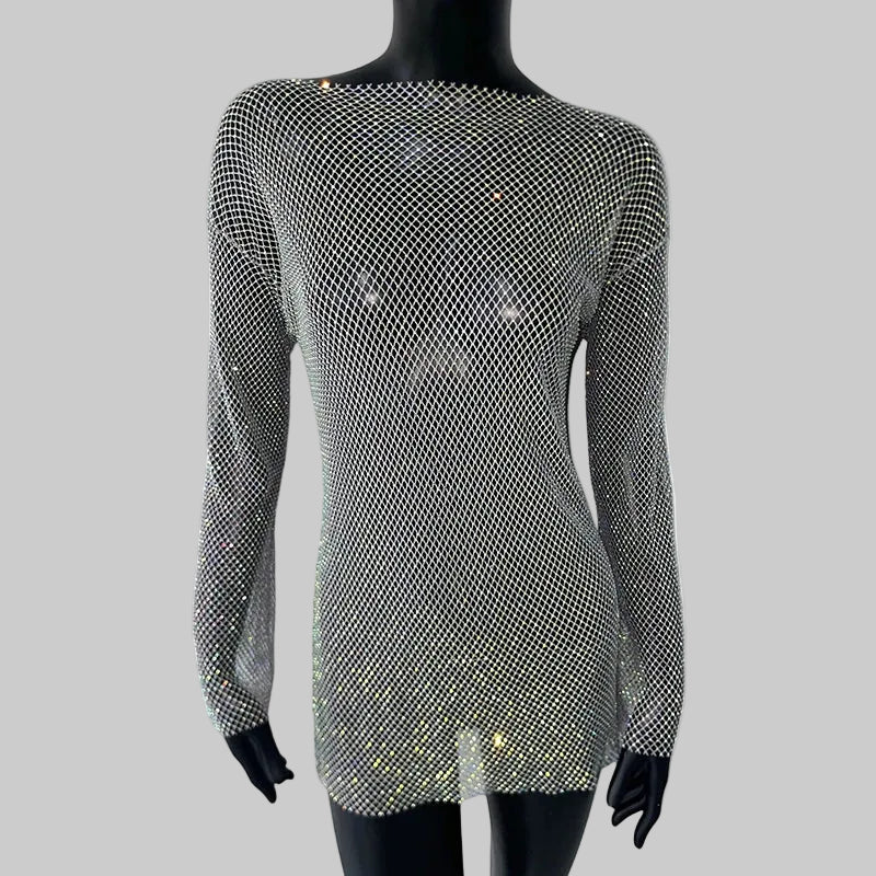 Diamond Mesh Mini Dress - Sheer Long Sleeve Performance Dress
