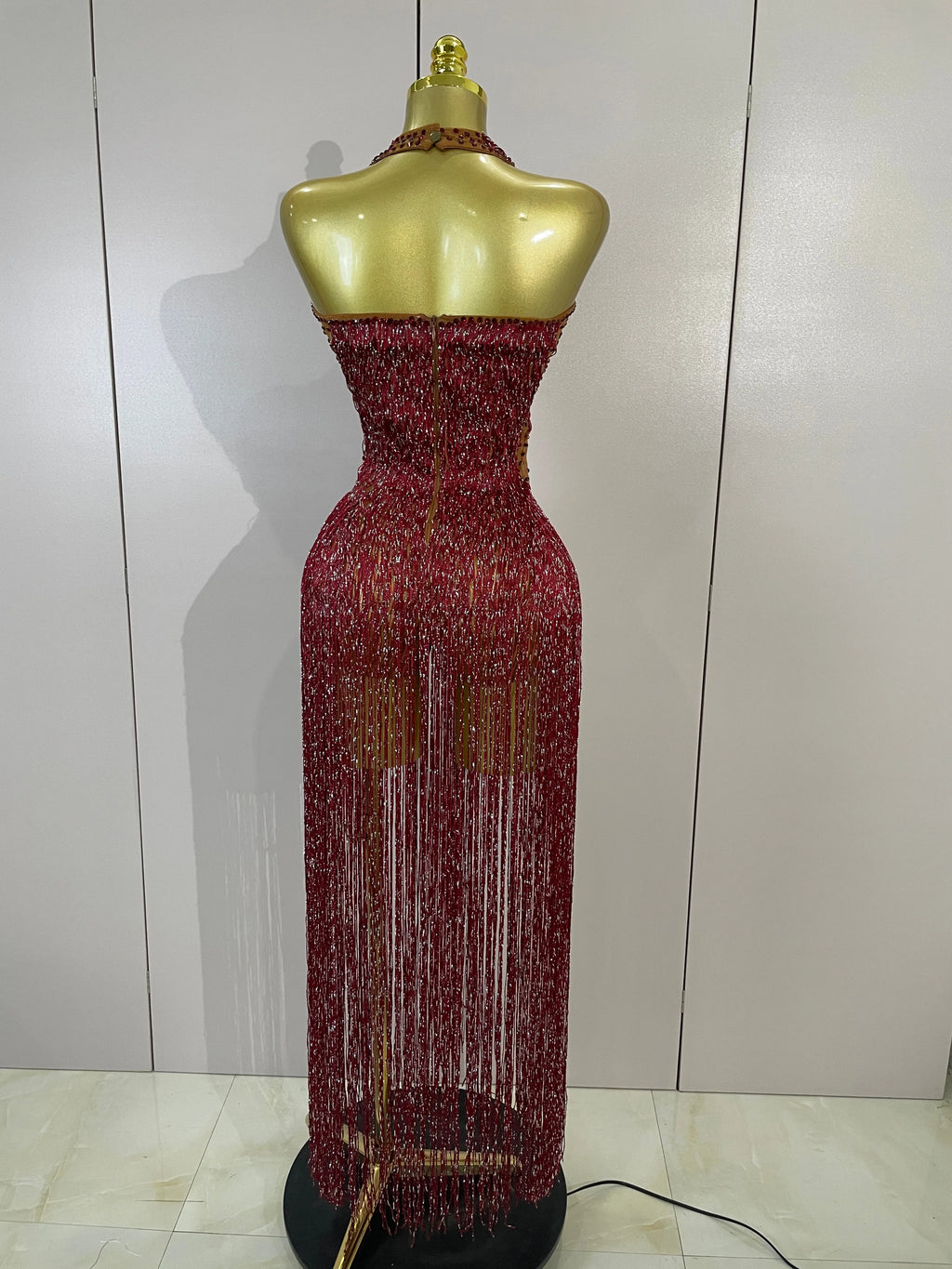 Rhinestone Fringe Halter Gown | Deep V | Burgundy