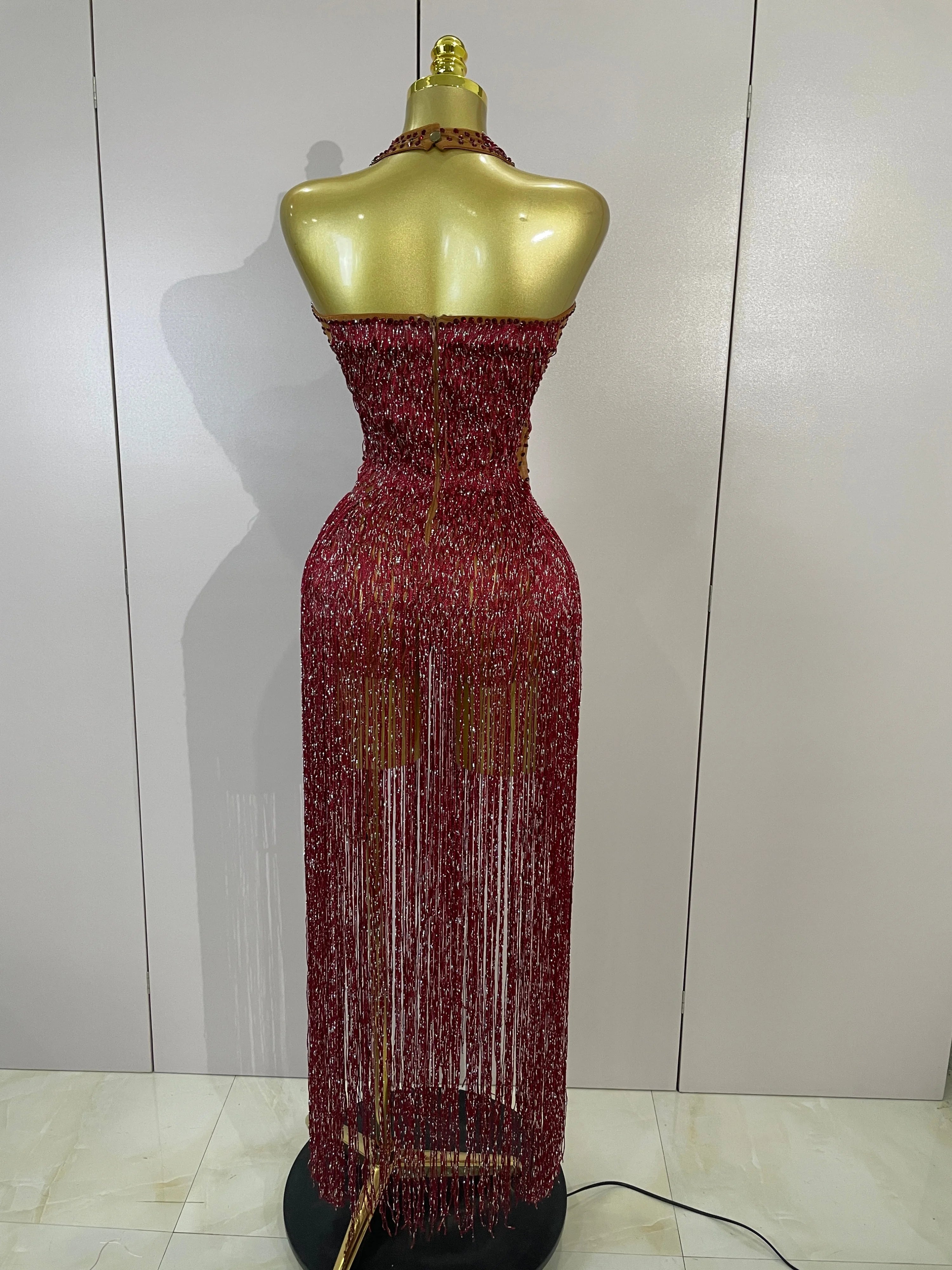 Rhinestone Fringe Halter Gown | Deep V | Burgundy