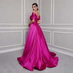 Off-Shoulder Satin Gown | V-Neck Side Slit | Red, Fuchsia, Black & More