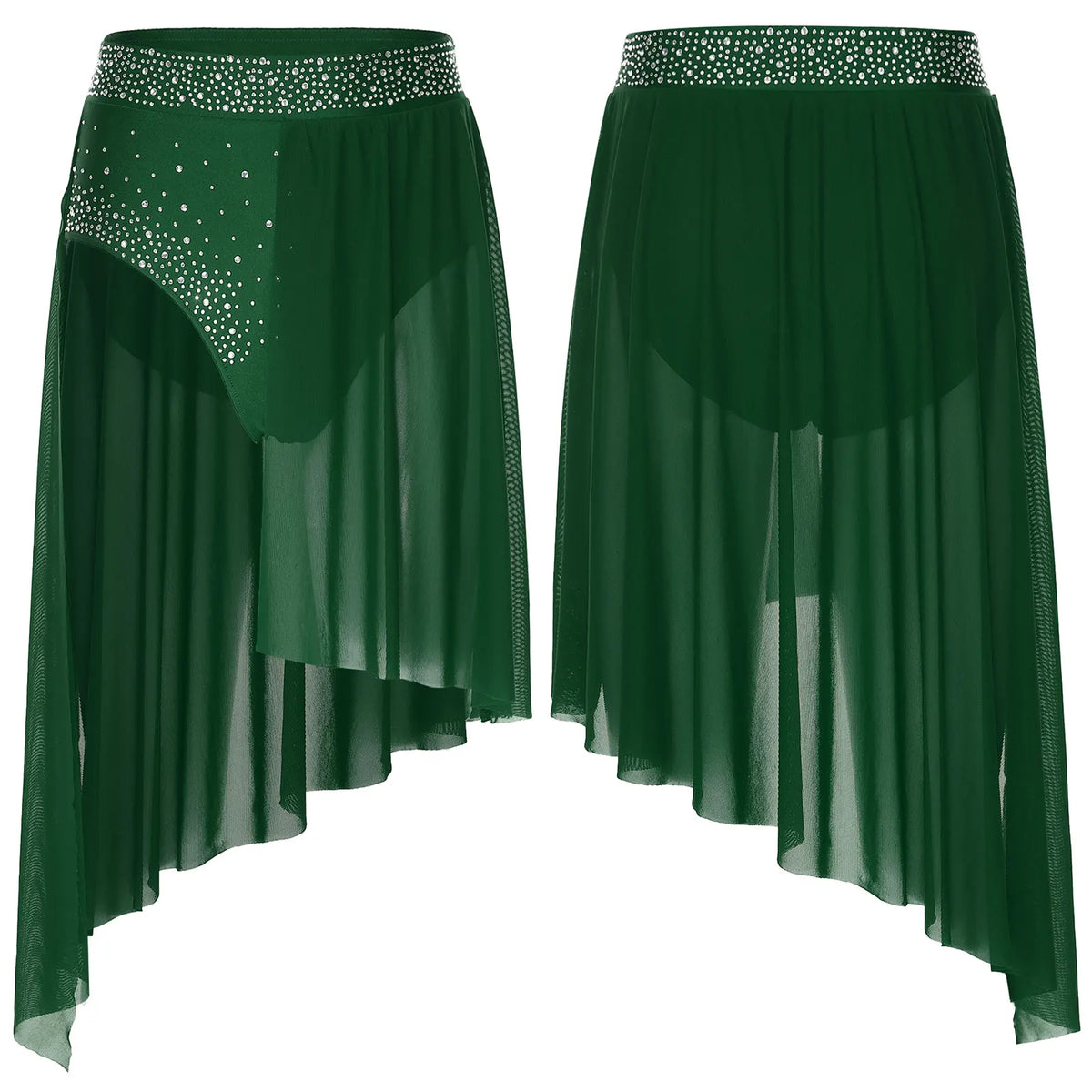 Rhinestone Mesh Dance Skirt | Asymmetric Hem | Built-In Briefs