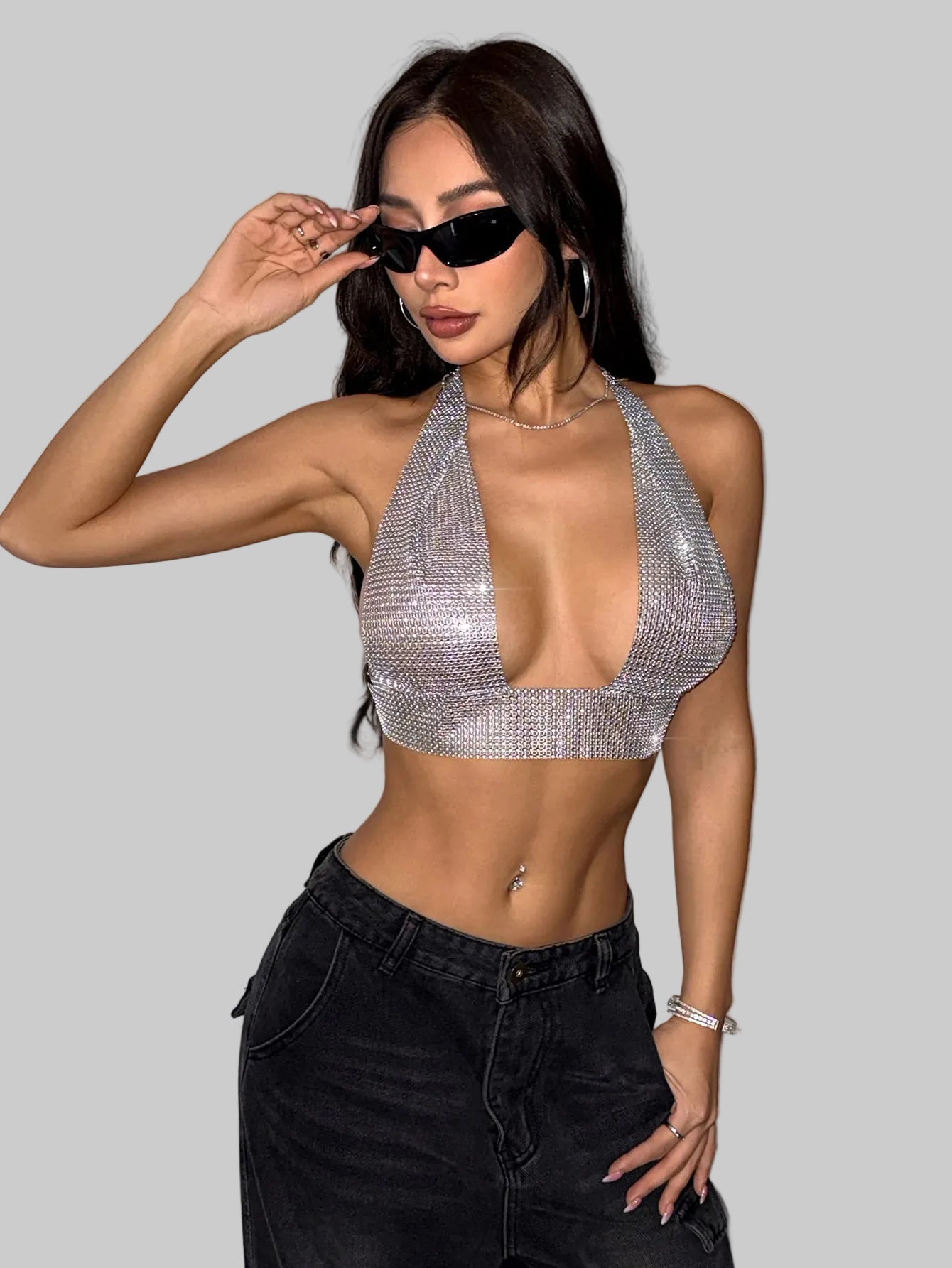 Metal Sequin Bandage Halter Crop Top - Deep V Backless Camisole