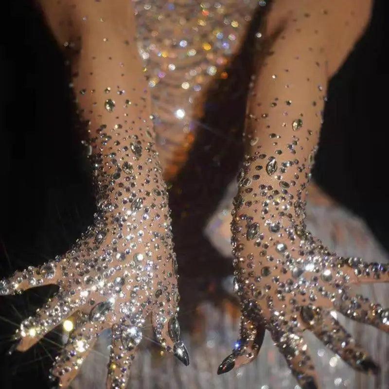Rhinestone Opera Gloves | Sheer Mesh
