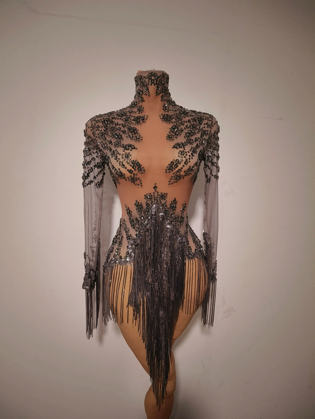 Rhinestone Tassel See-Through Stage Dress | S–XL