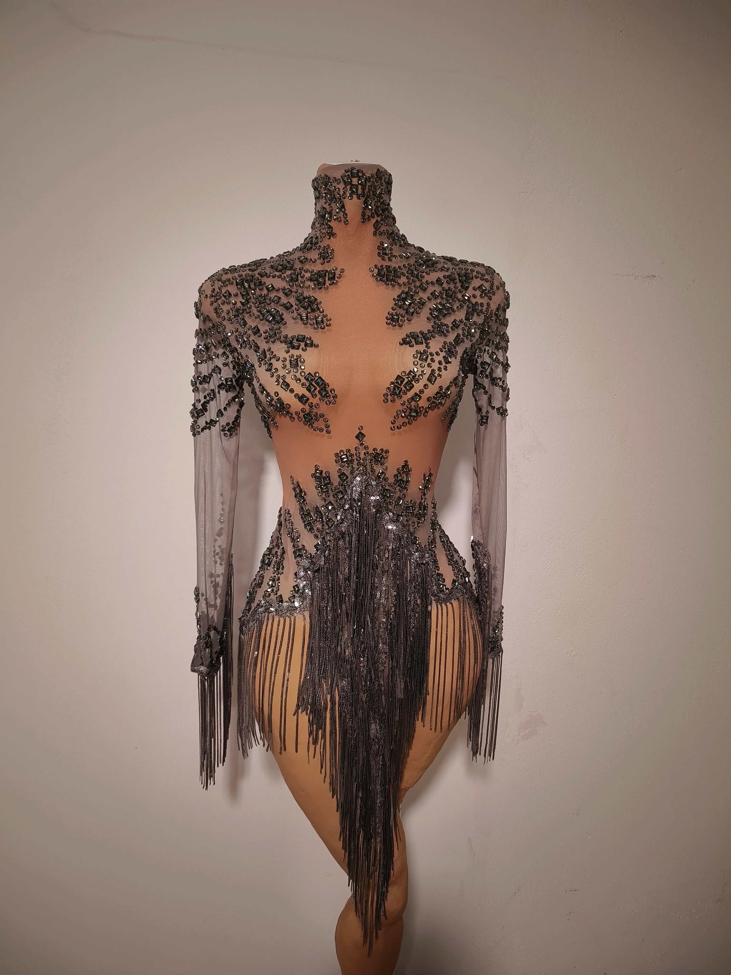Rhinestone Tassel See-Through Stage Dress | S–XL