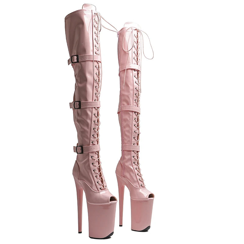9-Inch Patent Platform Boots - Thigh-High Open Toe Dance Boots