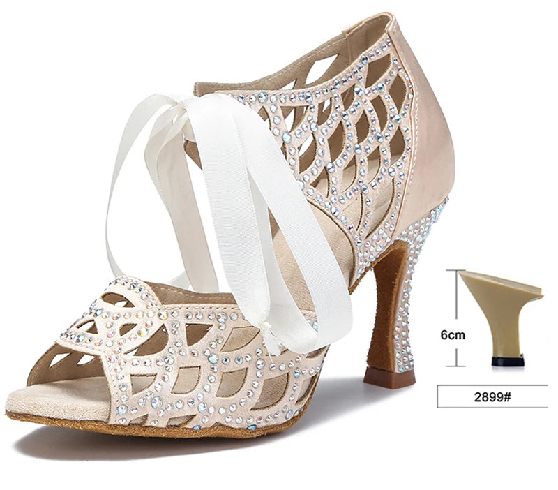 Cut-Out Lace-Up Latin Dance Sandals | Cuban Heel | 6–10cm | White, Black & Nude