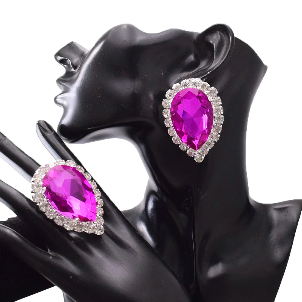 Crystal Teardrop Earring & Ring Set | Rhinestone Halo