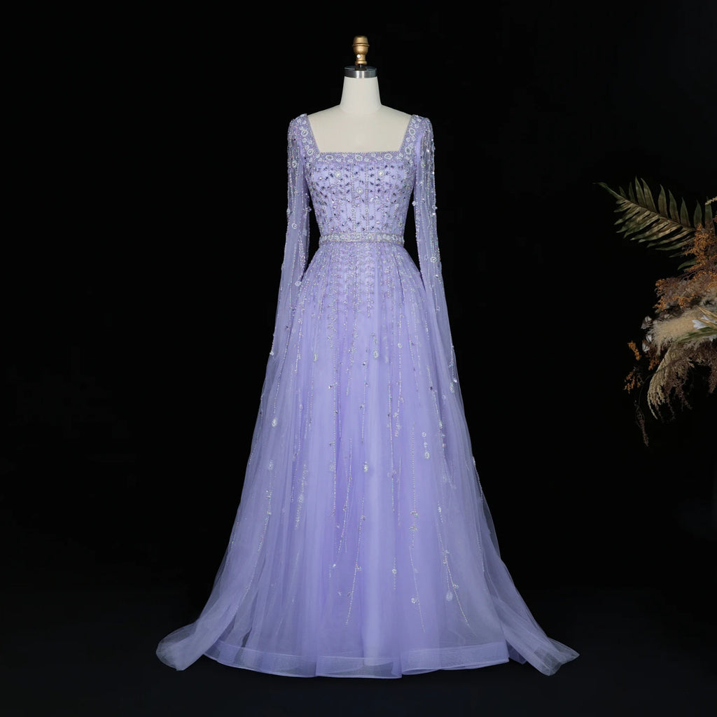Crystal Beaded Square Neck Gown | Long Sleeve | 4 Colors