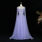 Crystal Beaded Square Neck Gown | Long Sleeve | 4 Colors