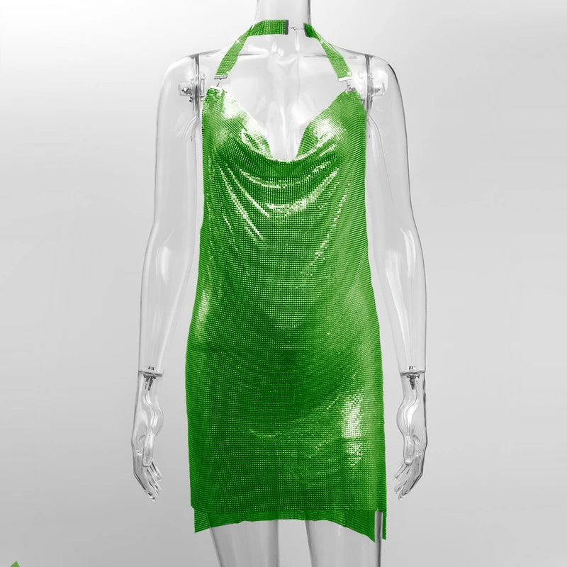 Sequin Halter Mini Dress - Backless with Side Split