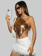 Metallic Sequin Off-Shoulder Crop Top - Backless Diagonal Collar Tank