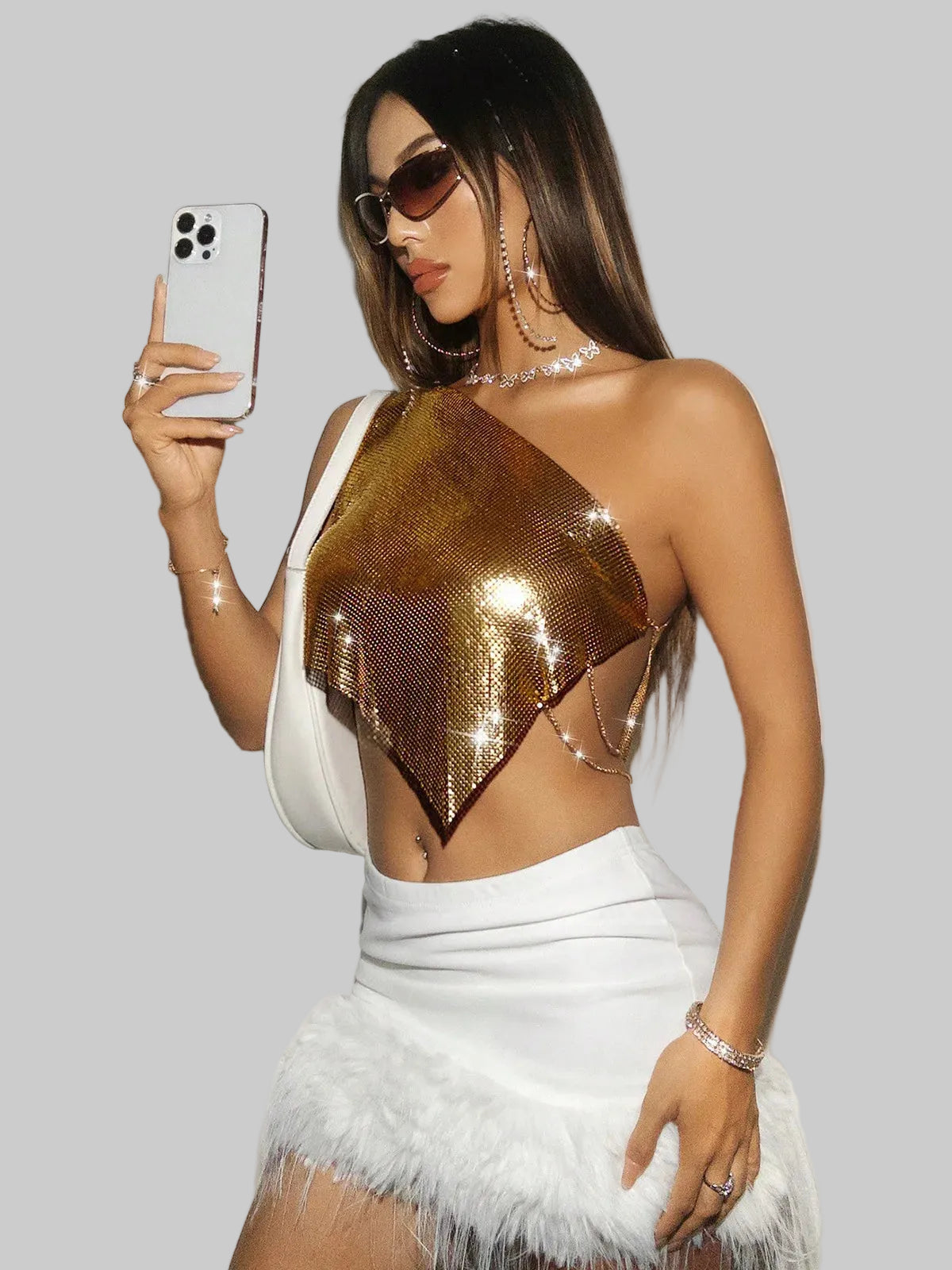 Metallic Sequin Off-Shoulder Crop Top - Backless Diagonal Collar Tank