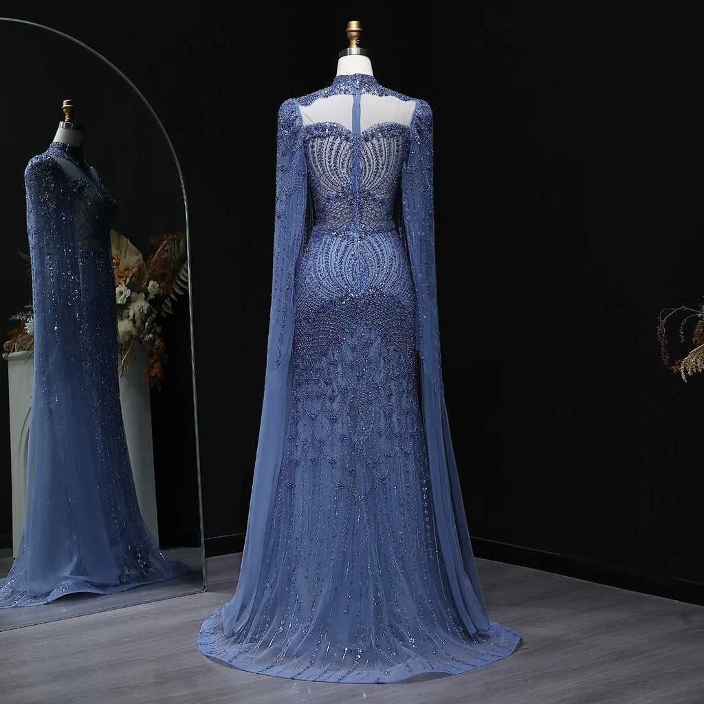 Beaded Crystal Gown | High Neck Cape Sleeve | Blue & Green