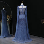 Beaded Crystal Gown | High Neck Cape Sleeve | Blue & Green