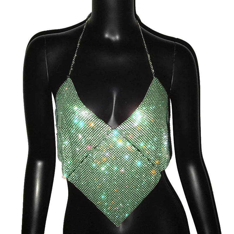 Rhinestone Halter Crop Top - Backless Metal Camisole for Festival & Stage