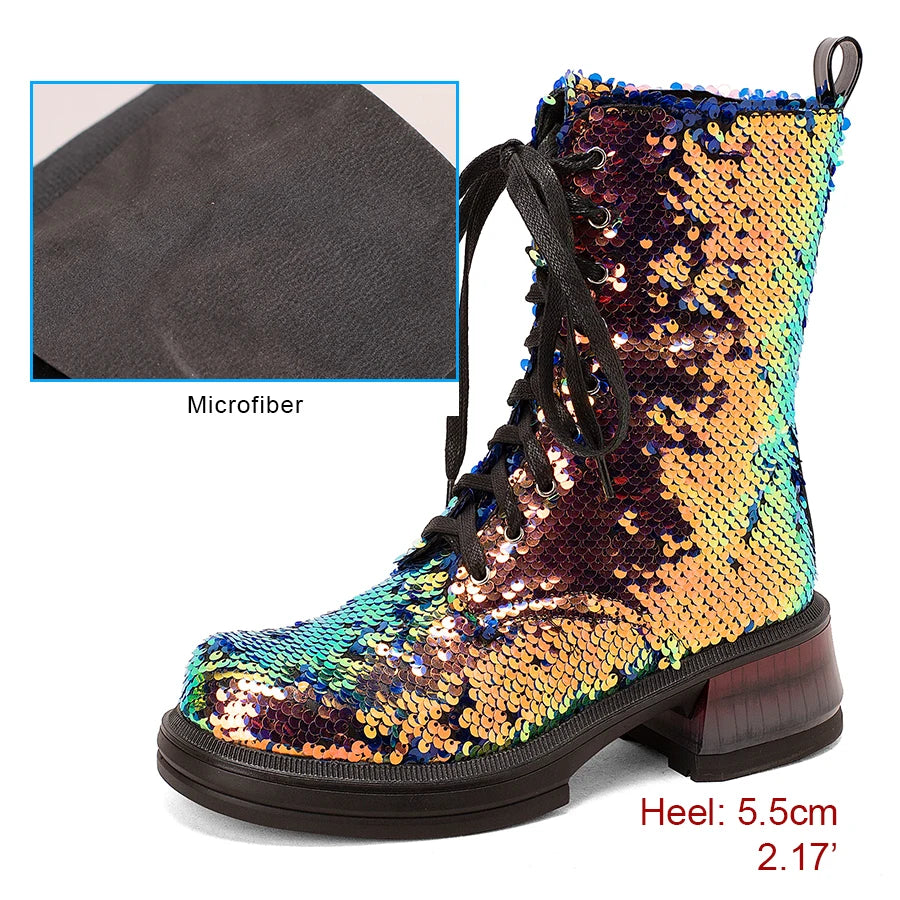 Sequin Ankle Boots | Lace-Up | 5.5cm Heel