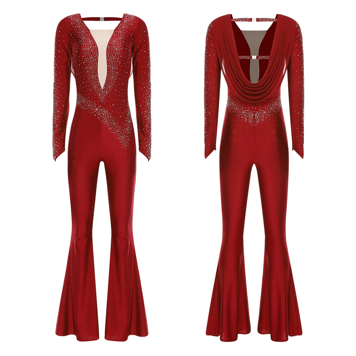 Rhinestone Bell Bottom Jumpsuit | Mesh Overlay | Long Sleeve
