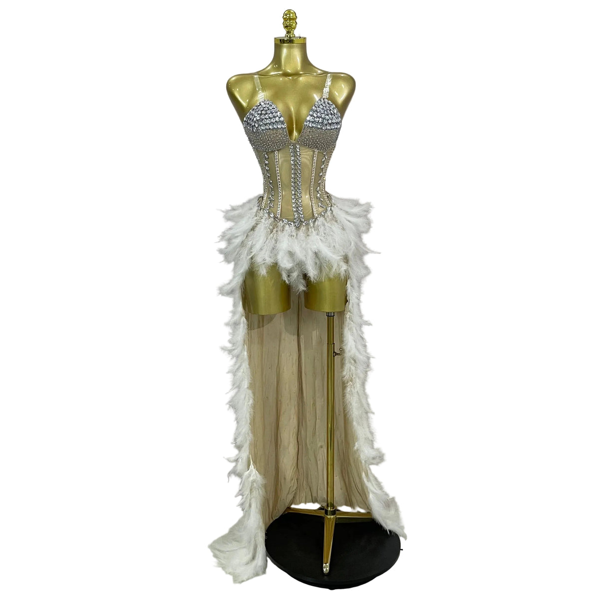 Rhinestone Feather Train Bodysuit | Stage Dress | S–XL