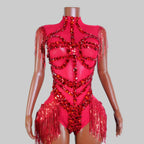 Red Crystal Fringe Bodysuit - Sheer Glitter Performance Wear for Drag Queens & Dancers