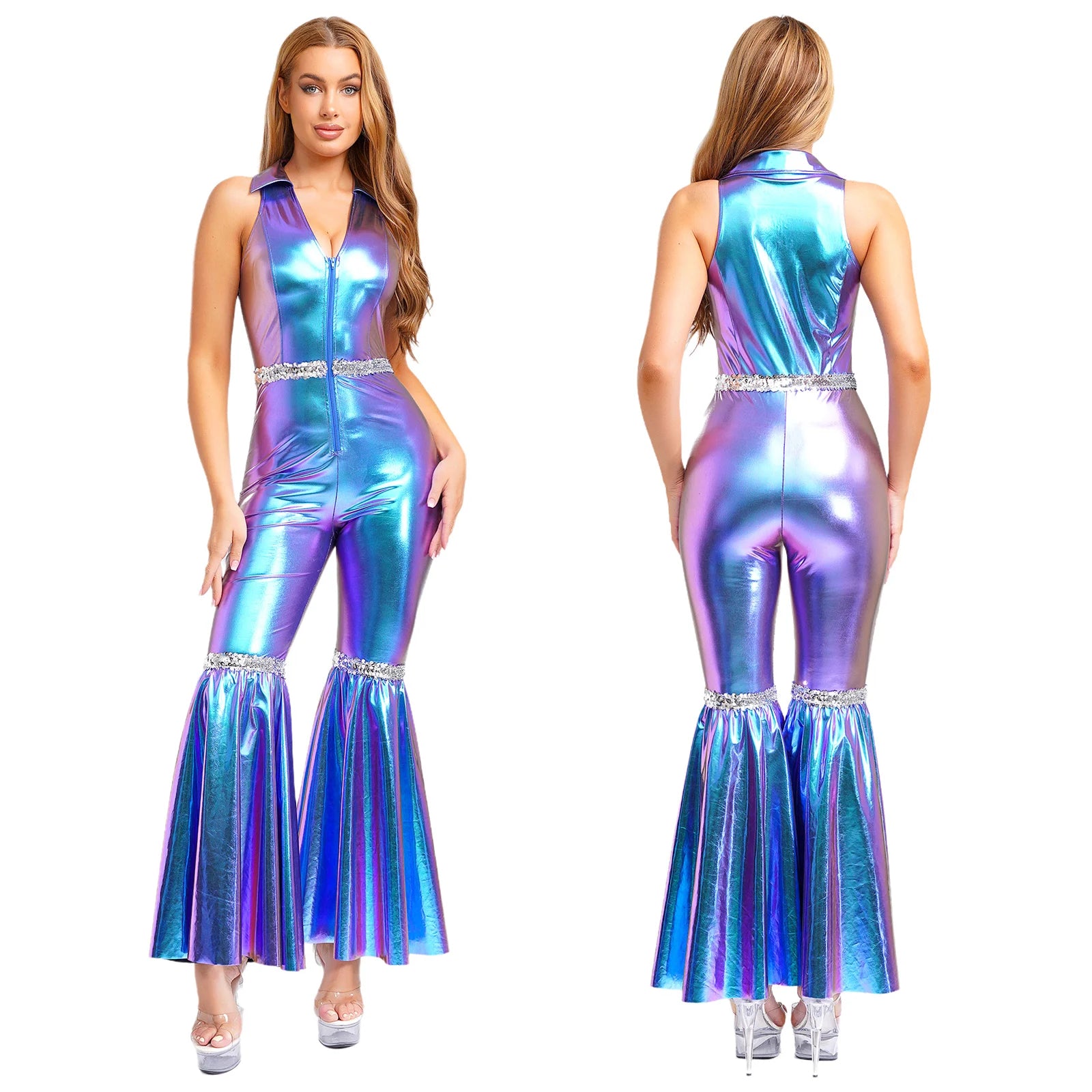 Women's Metallic Disco Jumpsuit | One Shoulder | Bell Bottom