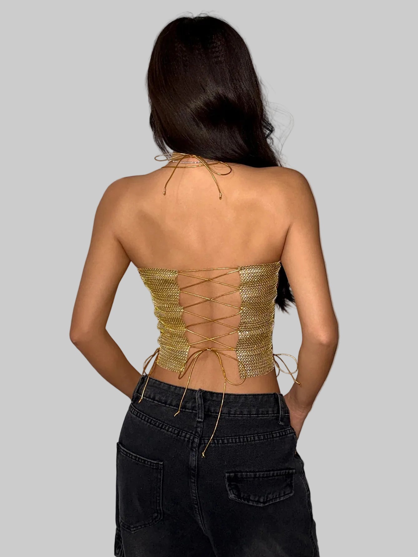 Sequin Halter Crop Top - Backless Metal Bandage Camisole