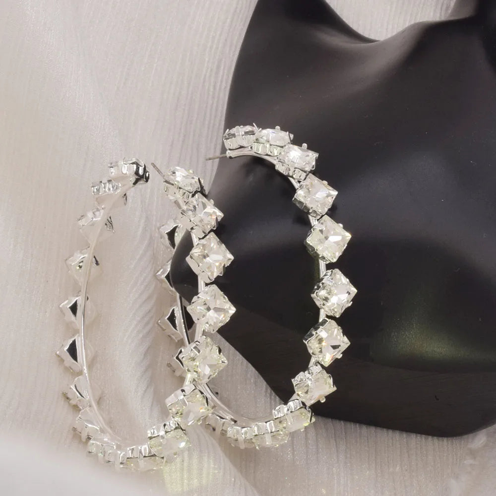 Rhinestone Hoop Earrings | Crystal Glass | Jumbo 8CM