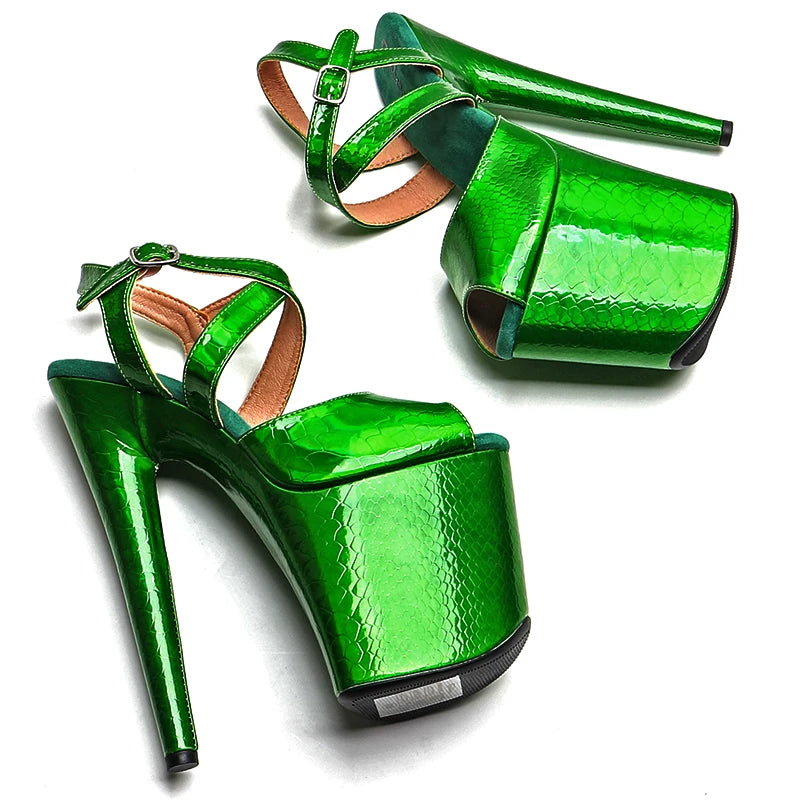 20CM Holographic Snakeskin Platform Pole Dance Heels - 8 Inch High Heel Performance Sandals