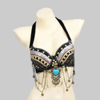 Tribal Belly Dance Bra - Vintage Gypsy Style with Beads, Mirrors & Coin Drapes