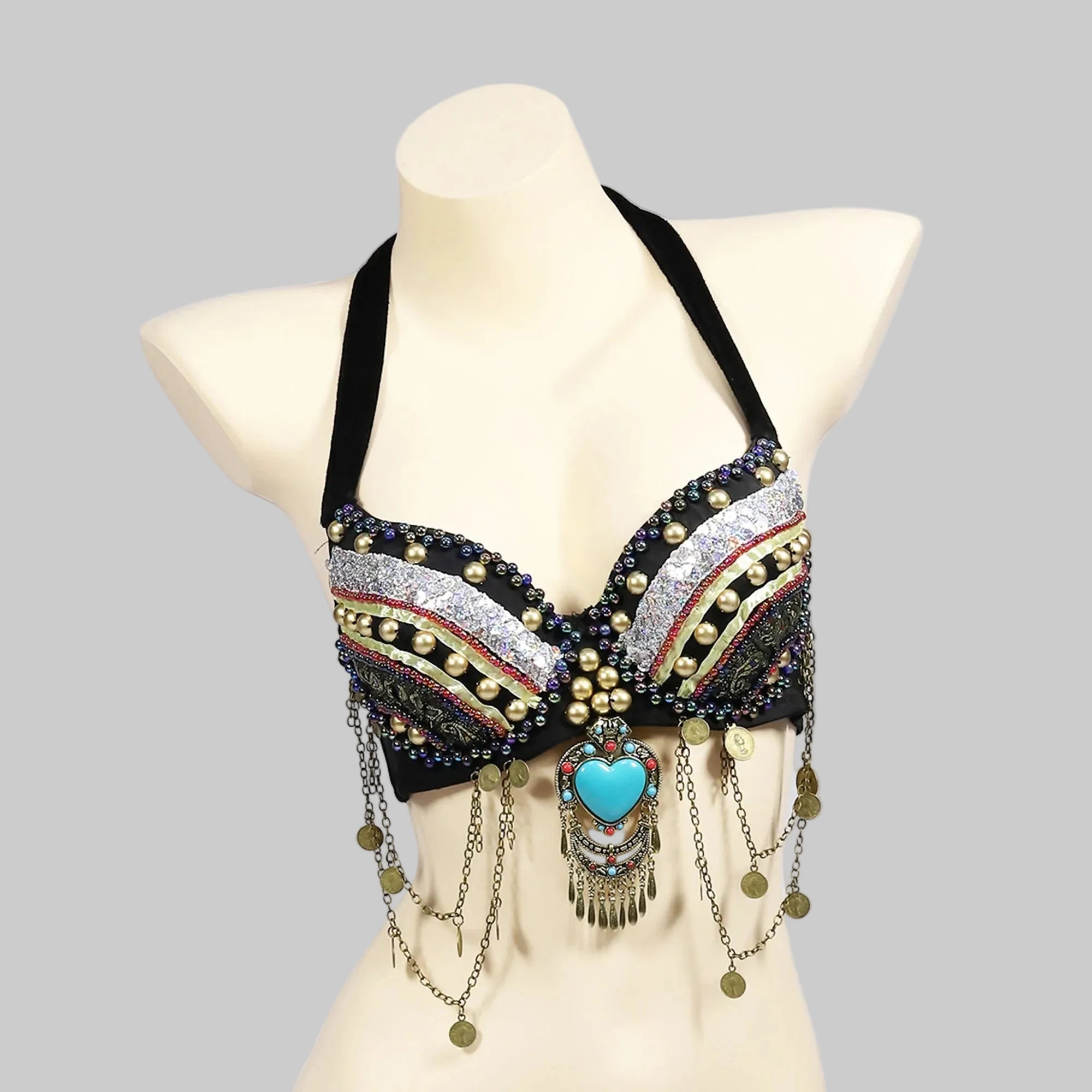 Tribal Belly Dance Bra - Vintage Gypsy Style with Beads, Mirrors & Coin Drapes