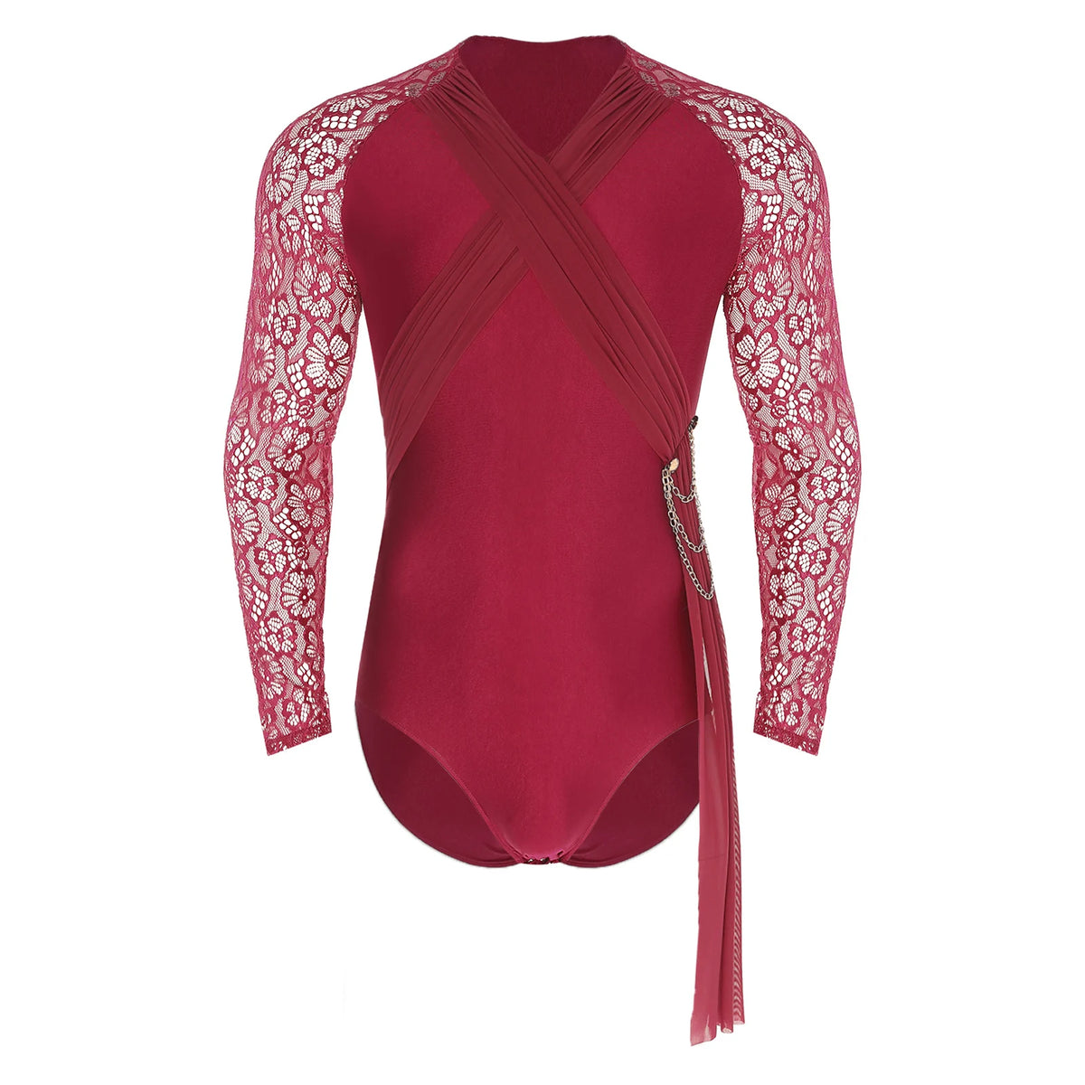 Men's Rhinestone Dance Leotard | V-Neck Lapel & Long Sleeve | Snap Crotch