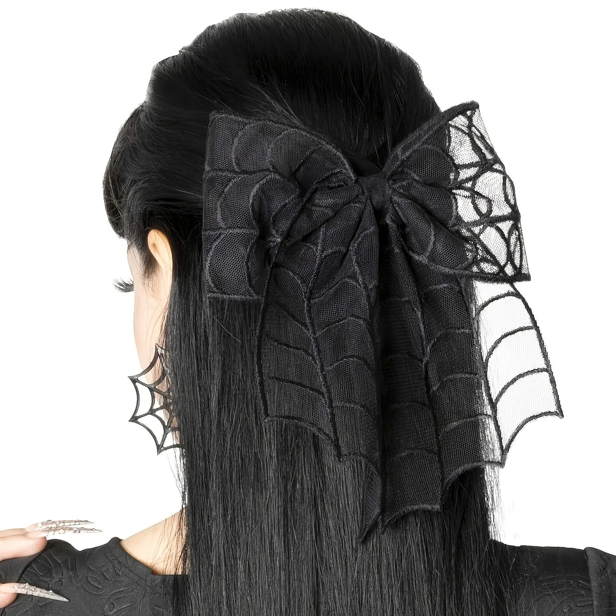 Gothic Hair Bow | Black Mesh Tails
