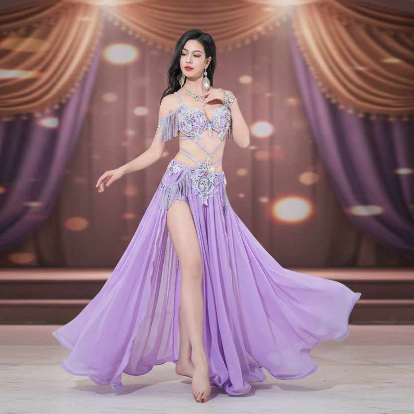 Egyptian Belly Dance Costume - Rhinestone Bra, Skirt & Long Sleeves Set