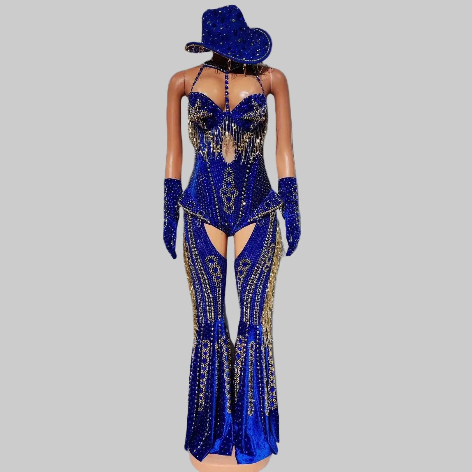 Rhinestone Bodysuit 4-Piece Set - Sparkly Showgirl Outfit with Flare Pants & Crystals