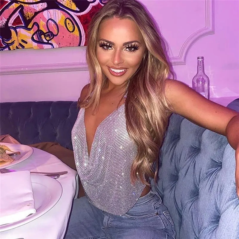 Rhinestone Sequin Deep V Halter Crop Top - Backless Diamond Tank