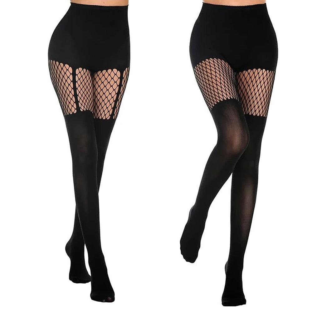Black Hollow-Out Fishnet Tights | Stripe, Patchwork & Suspender | One Size