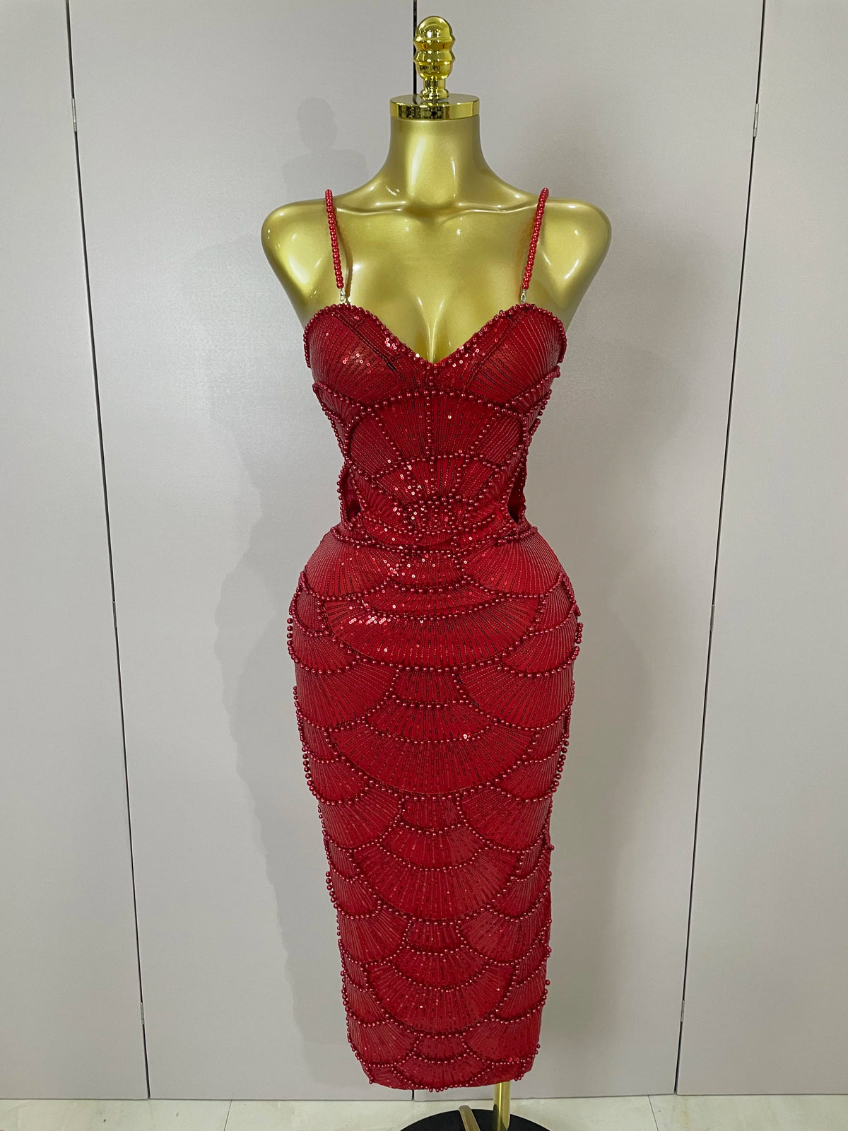 Pearl Beaded Sequin Bodycon Dress | Spaghetti Strap | Stage