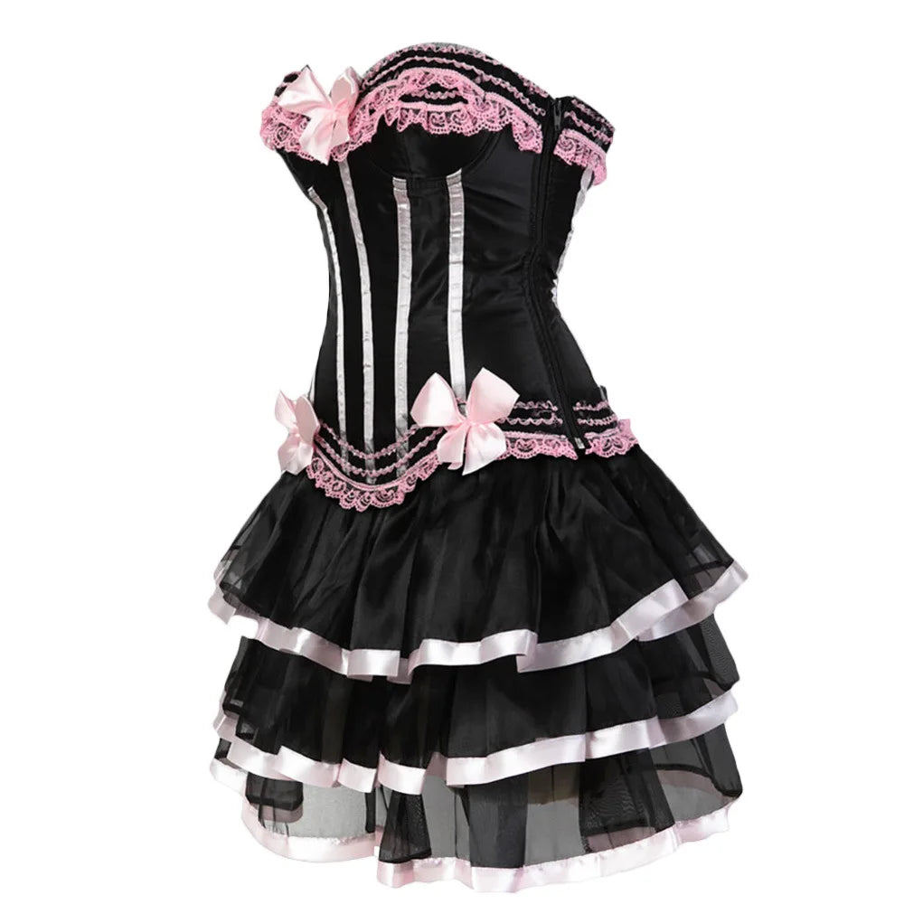 Striped Brocade Overbust Corset Dress | Tiered Ruffle Skirt | Burlesque & Cabaret | S–6XL
