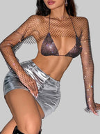 Rhinestone Mesh Bra & Long Sleeve Cover Set - 2-Piece Sheer Outfit