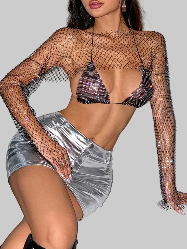 Rhinestone Mesh Bra & Long Sleeve Cover Set - 2-Piece Sheer Outfit