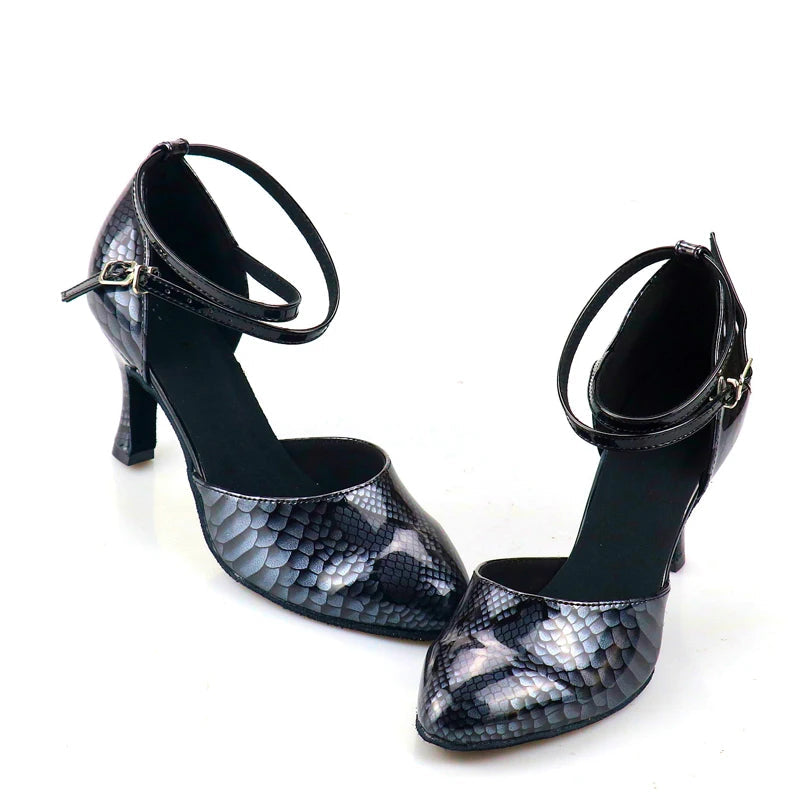 Rhinestone Snakeskin Latin Dance Court Shoe | Cuban Heel | 5–8.5cm