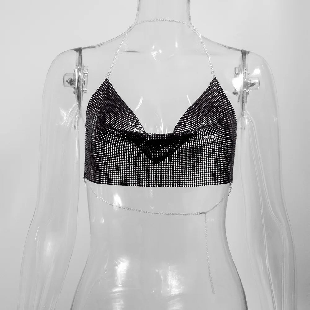 Metallic Sequin Halter Crop Top - V-Neck Backless