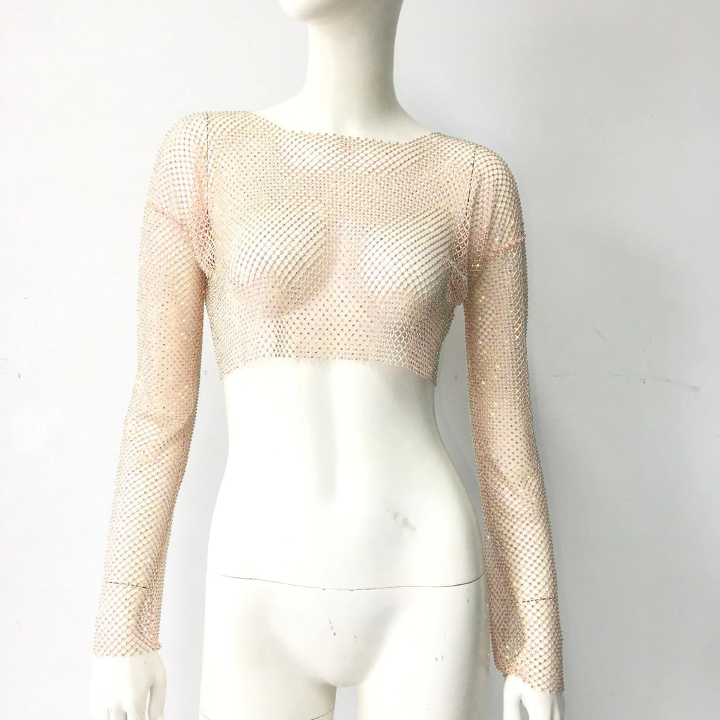 Rhinestone Long Sleeve Crop Top - Sheer Mesh Festival Top with Hollow Details