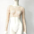Rhinestone Long Sleeve Crop Top - Sheer Mesh Festival Top with Hollow Details