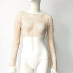 Rhinestone Long Sleeve Crop Top - Sheer Mesh Festival Top with Hollow Details