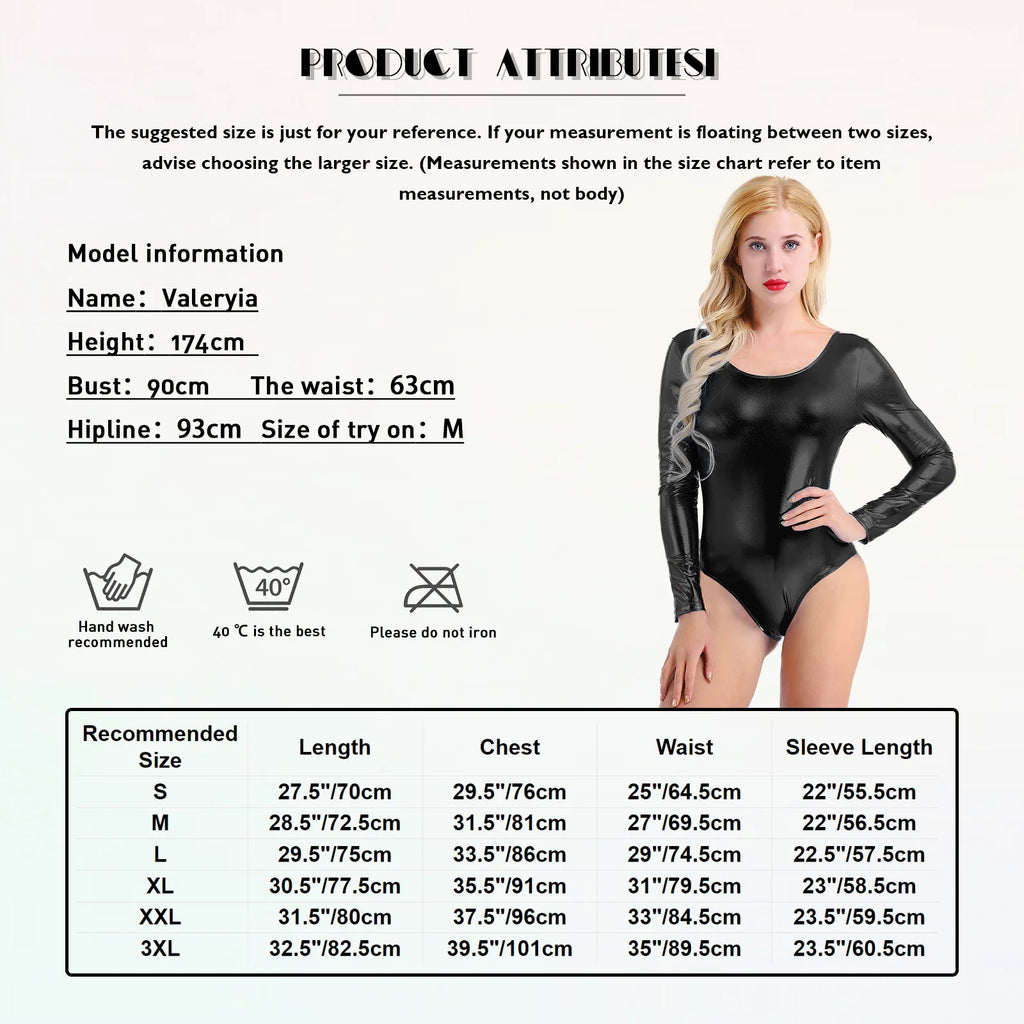 Metallic Wetlook Leotard | Long Sleeve | Scoop Neck